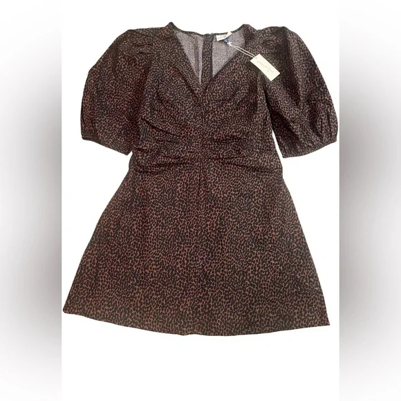 Universal Thread Brown Animal Print Mini Dress Ruched front big puff sleeves NWT - Picture 11 of 16